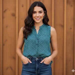 Madewell Tropical Green Lightweight Sheer 100% Silk Blouse, Sleeveless, Size S